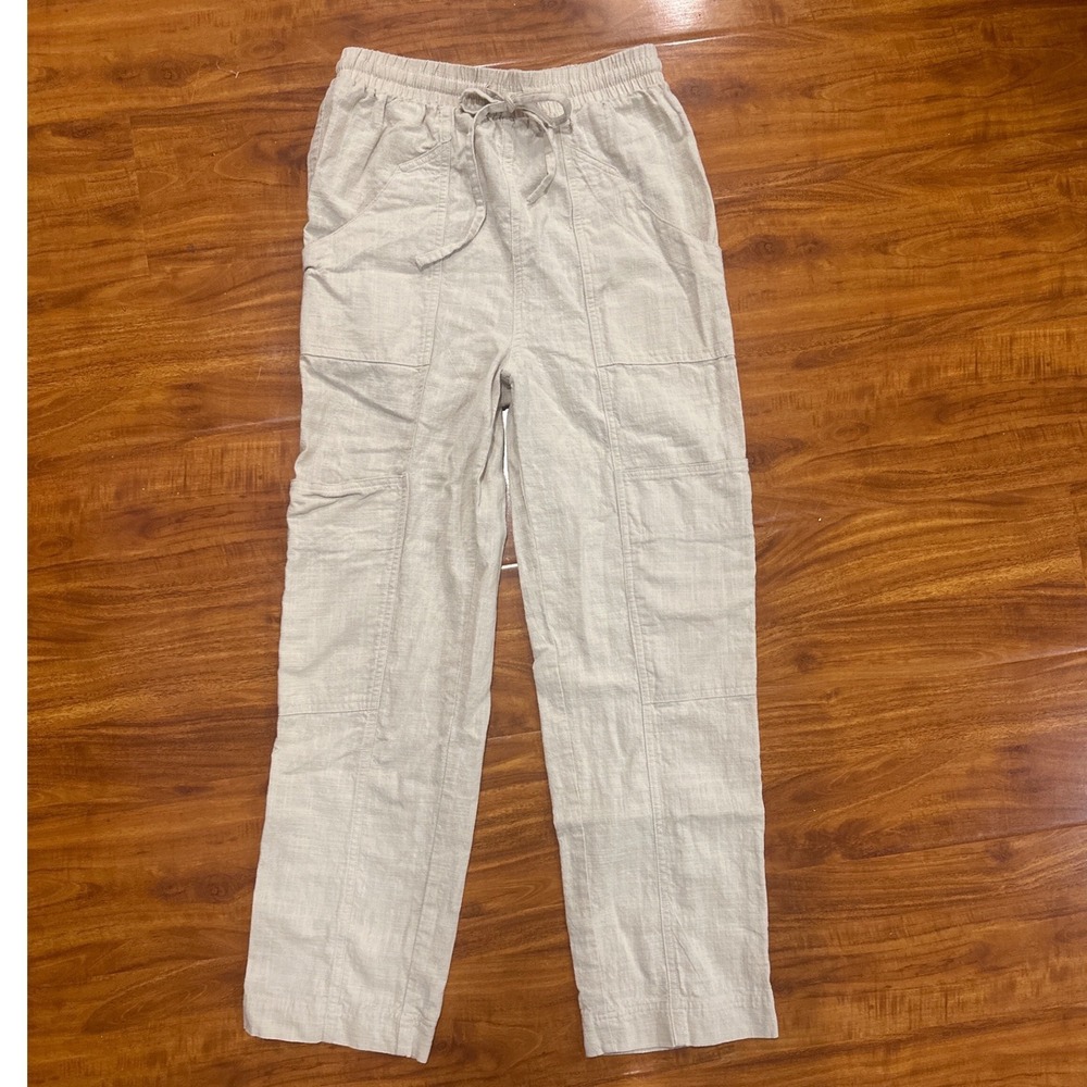 Very J Womens Cargo Pants Oatmeal Beige Rayon Linen Look Utility Straight Leg S
